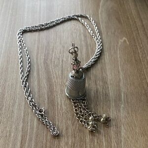 Chic Vintage Silver Toned Thimble Necklace with Gold & Pink Accents